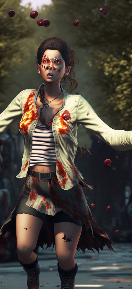 Digital artwork: Woman with zombie-like features, pale skin, bloodstains, maroon orbs,