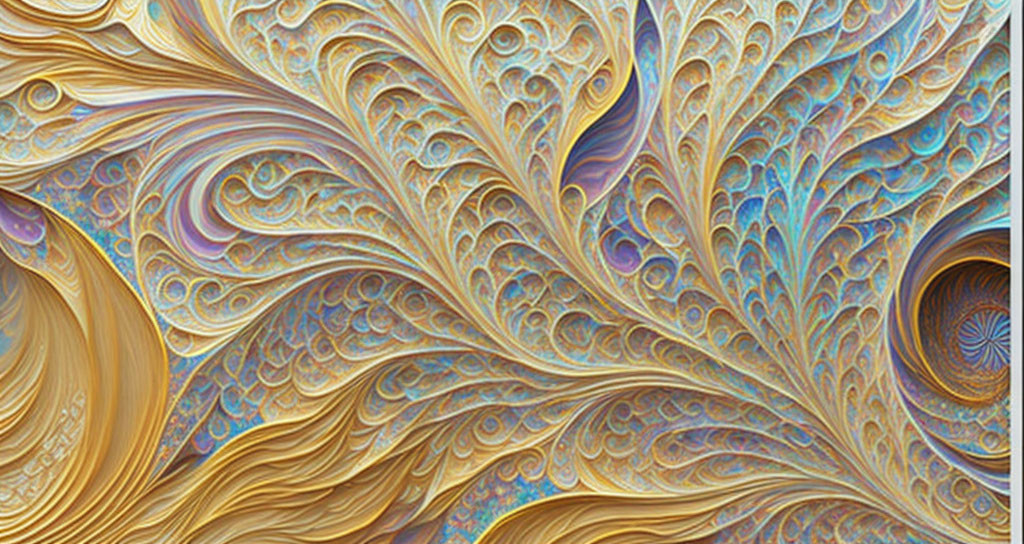 Intricate golden and blue fractal pattern with swirls and spirals