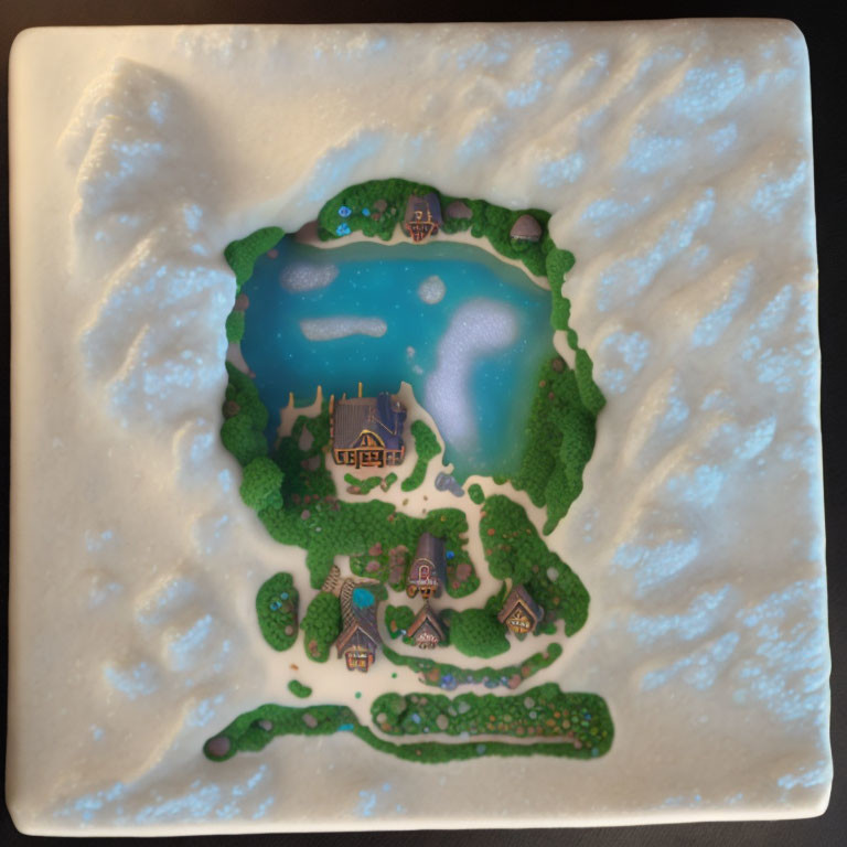 Miniature fantasy landscape with castle, houses, and trees in snowflake frame