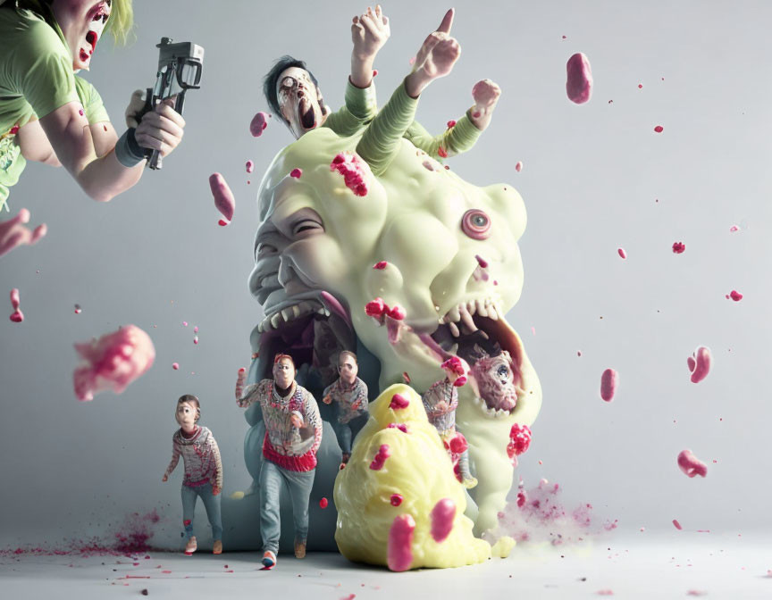 Giant green monster with human-like faces and figures running, one aiming a gun, in a surreal