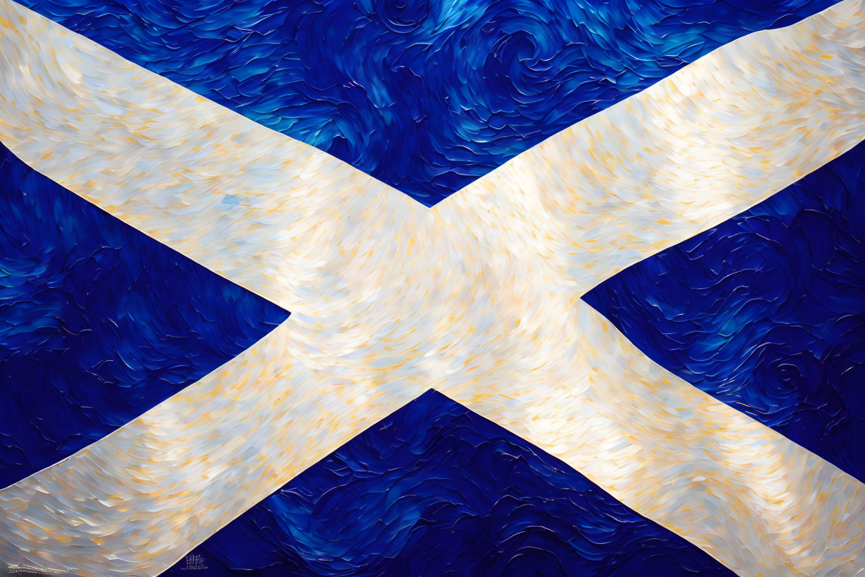 Textured painting of Scottish flag in vivid blue and white, impressionist style with swirling brushstrokes