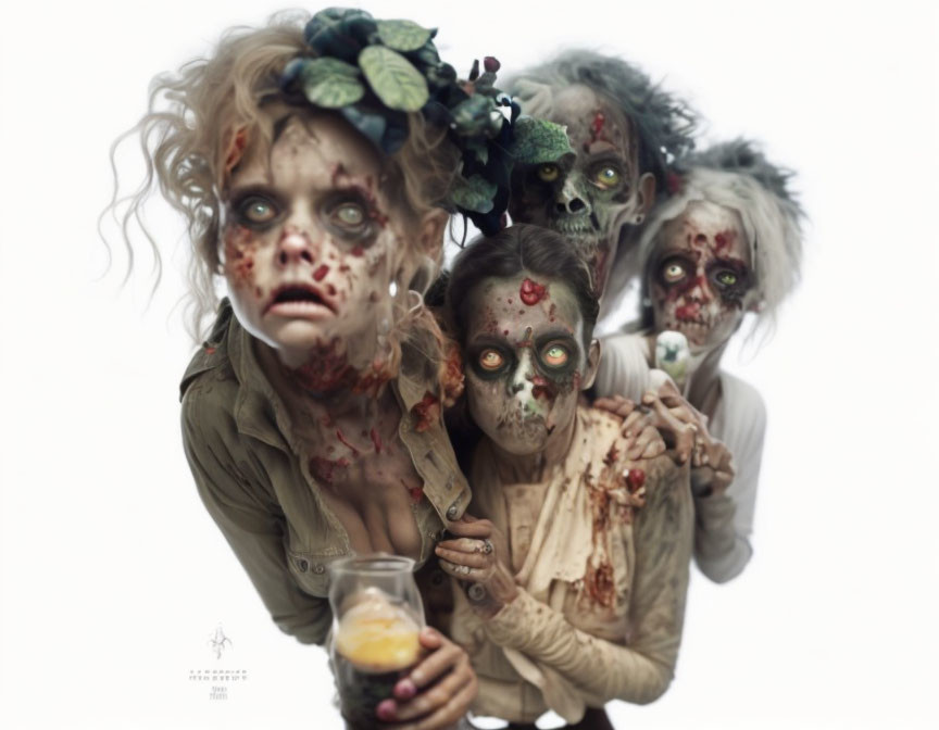 Four zombie-like figures with disheveled hair and gory makeup holding a glass of orange liquid