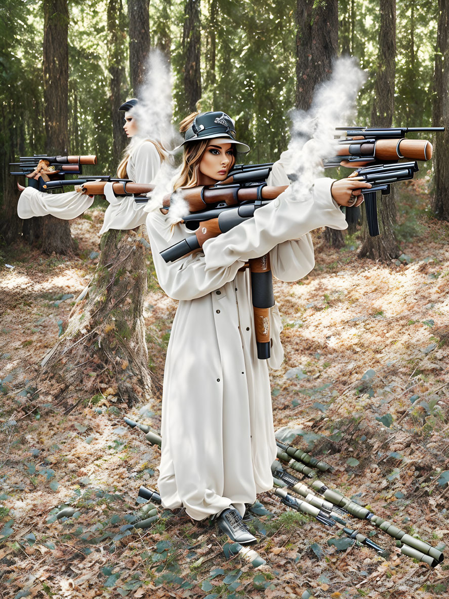 Stylish military-inspired outfits with rifles in forest setting