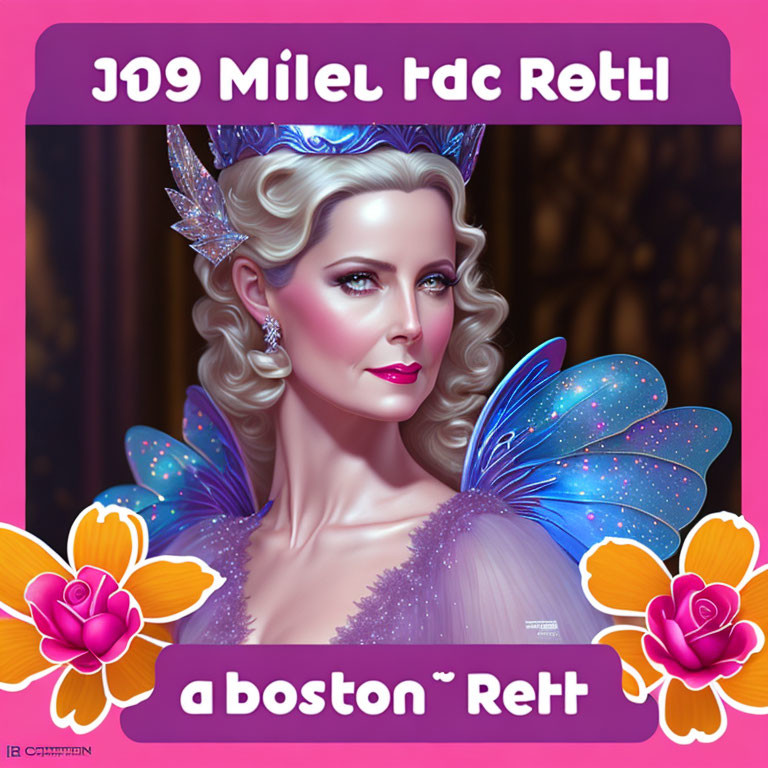 Fantasy-themed portrait with butterfly wings and flowers in reversed text.