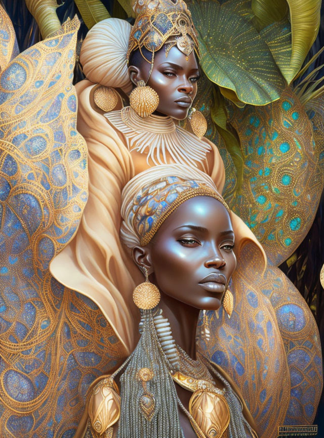 Ornate golden jewelry and elaborate headdresses on two women in lush setting