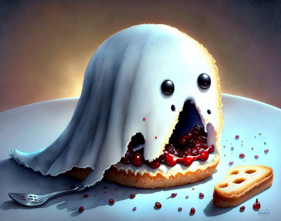 Cute ghost-shaped dessert with jam filling and biscuit on plate