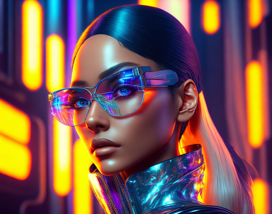 Futuristic woman with sleek hair and shiny jacket in neon lights