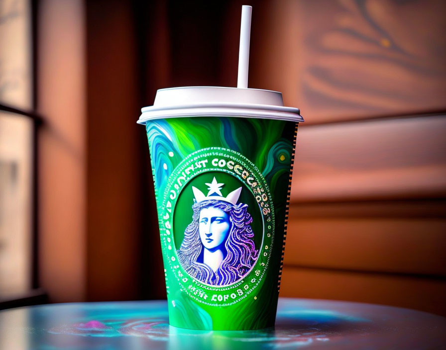 Starbucks coffee cup with green and white logo on reflective table