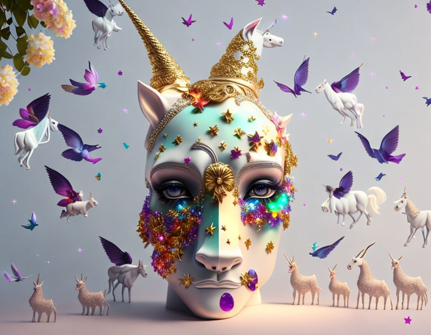 Colorful Unicorn Mask Artwork with Glitter and Flowers