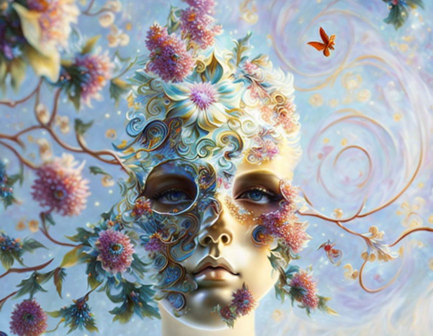 Surreal portrait with floral elements and butterfly under pastel sky