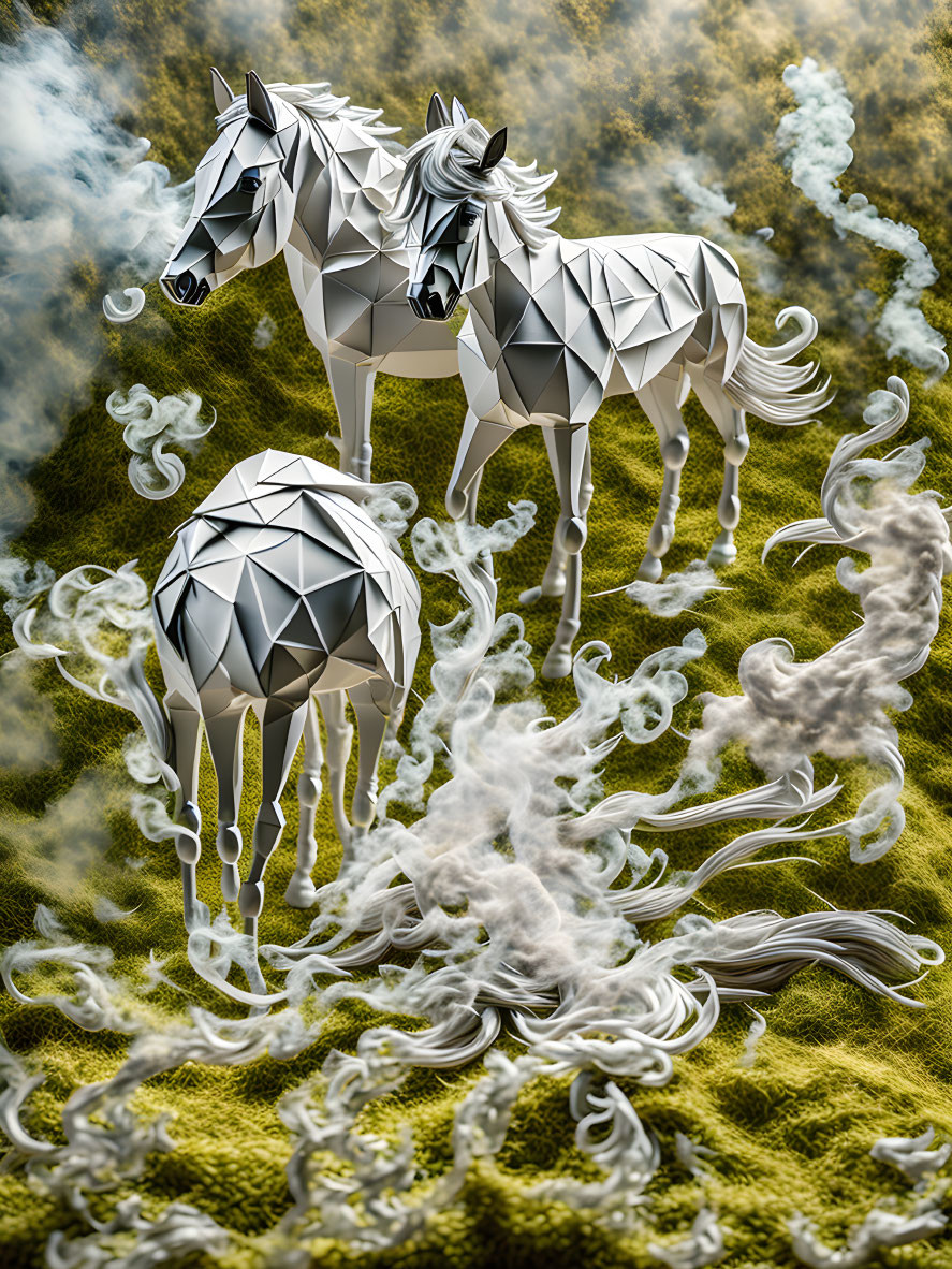 Surreal polygonal horse illustrations on textured background