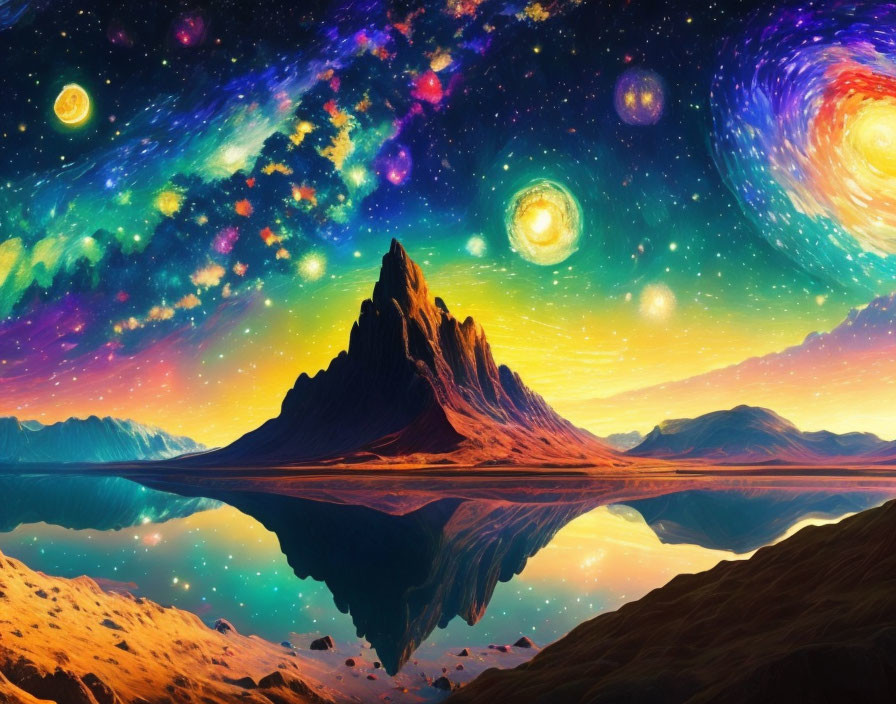 Vibrant digital art: Cosmic sky, stars, galaxies, mountain, lake.