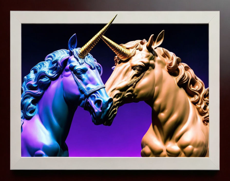 Stylized unicorn heads in blue and gold on purple background