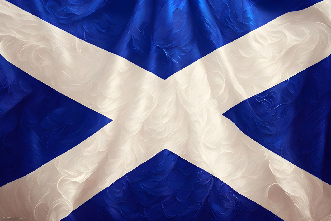 Digitally illustrated textured Scotland flag with white diagonal cross on blue background