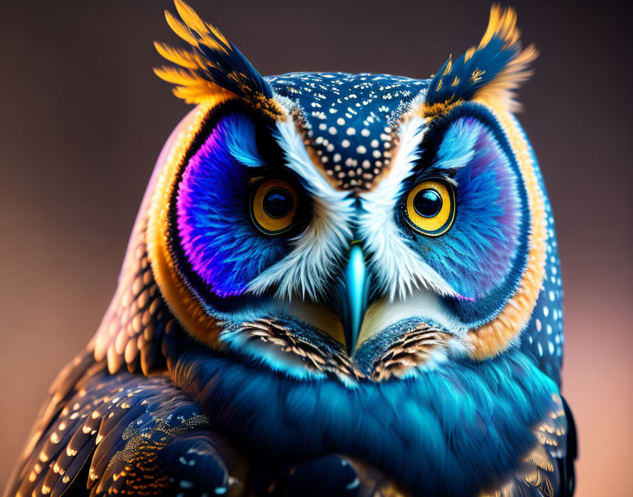 Vibrant digitally altered owl with blue and gold feathers