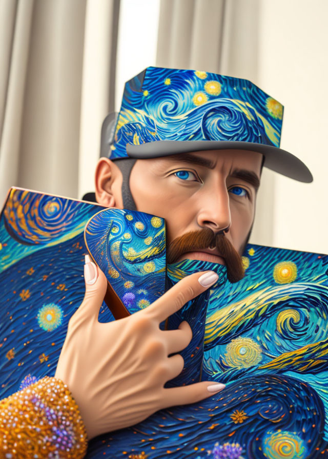 Person with beard and hat in "Starry Night" themed illustration.