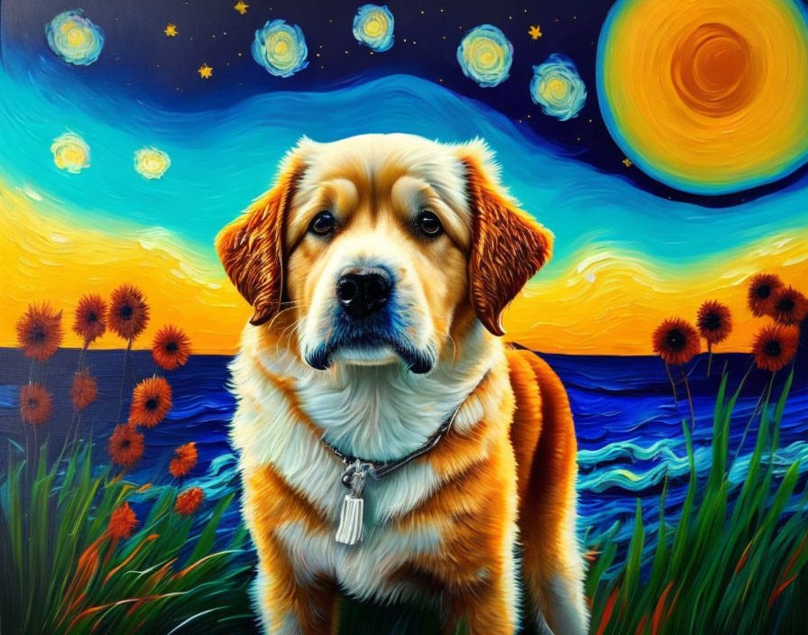 Colorful dog painting with whimsical night sky and blooming flowers