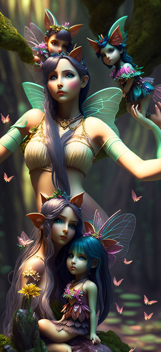 Fantasy creatures with delicate wings and elfin features in enchanted forest scene