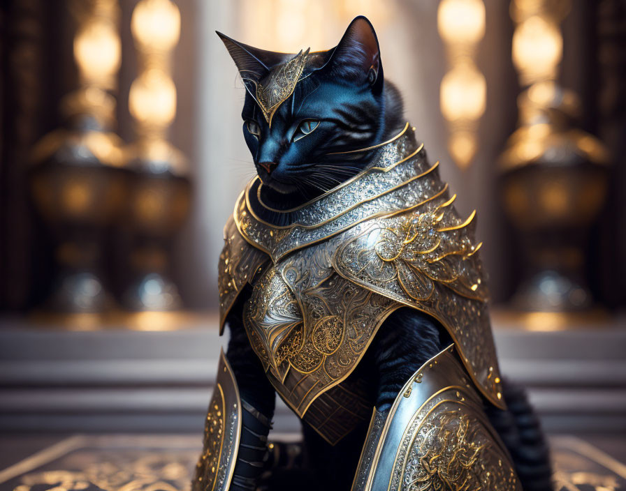 Black cat in golden armor exudes regal power