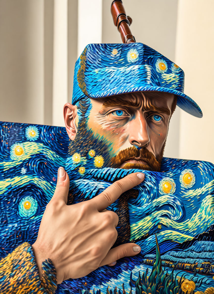 Person wearing clothes and hat with 'Starry Night' painting pattern, matching background.