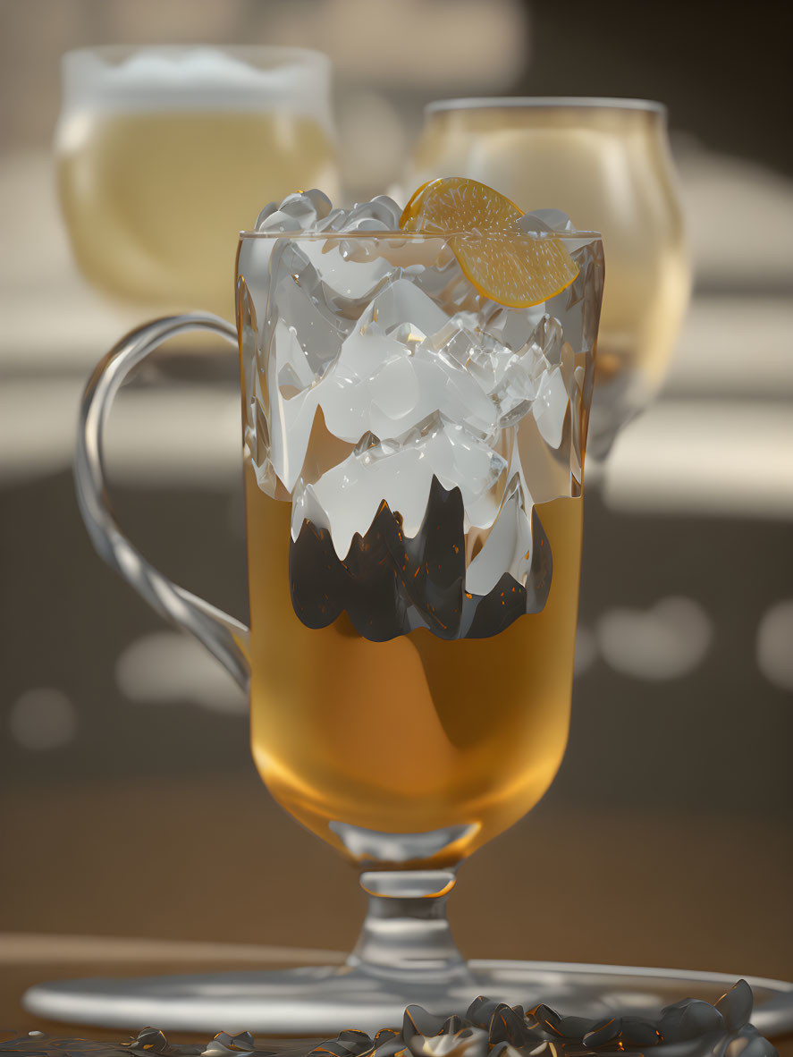 Golden-brown iced tea with lemon slice and ice cubes in ornate glass