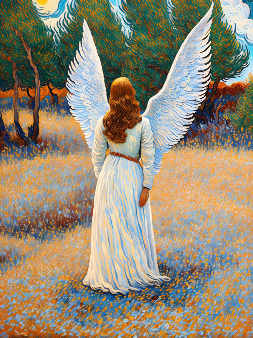 Angel with white wings in blue gown gazes at vibrant forest.