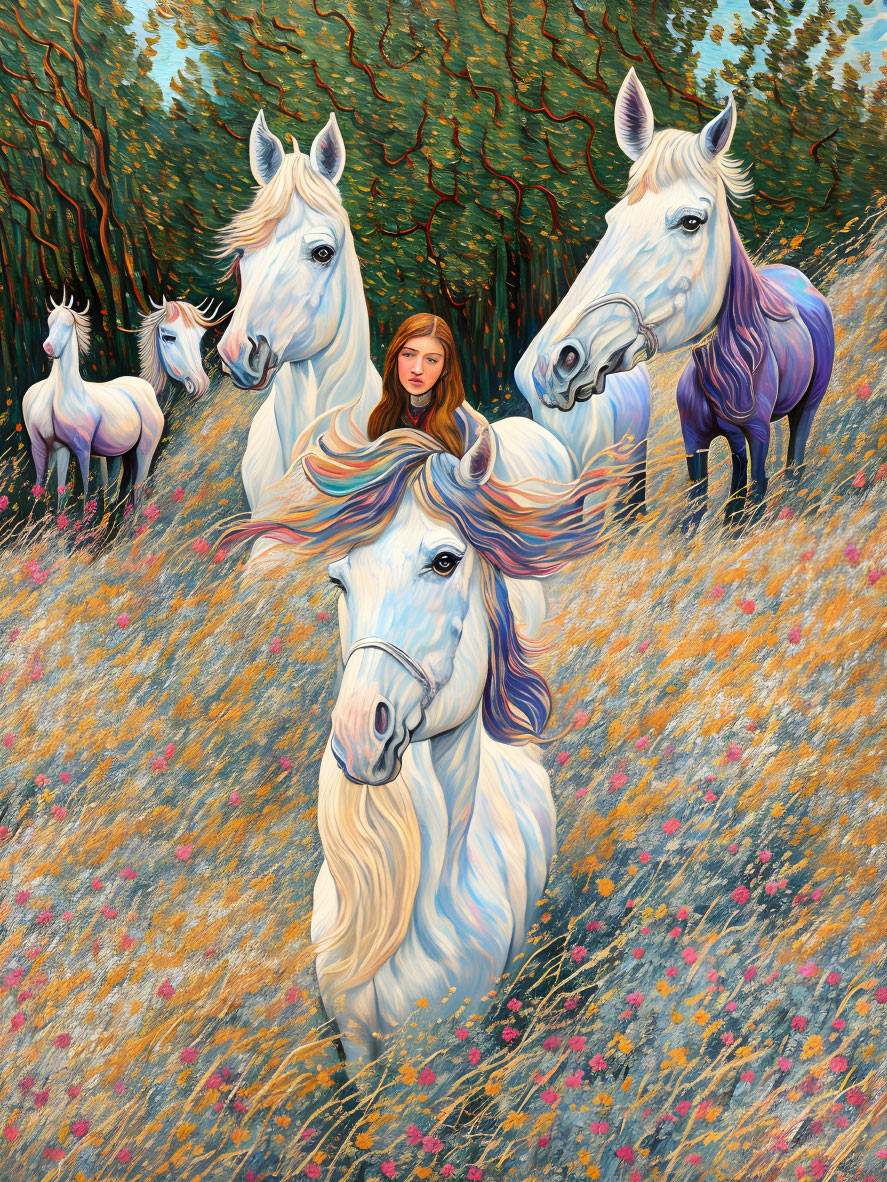 Ethereal white horses and woman in vibrant meadow with forest backdrop