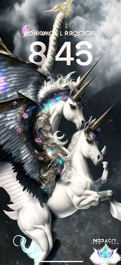 Fanciful winged unicorns with spiral horns and dragon-like scales under cloudy sky