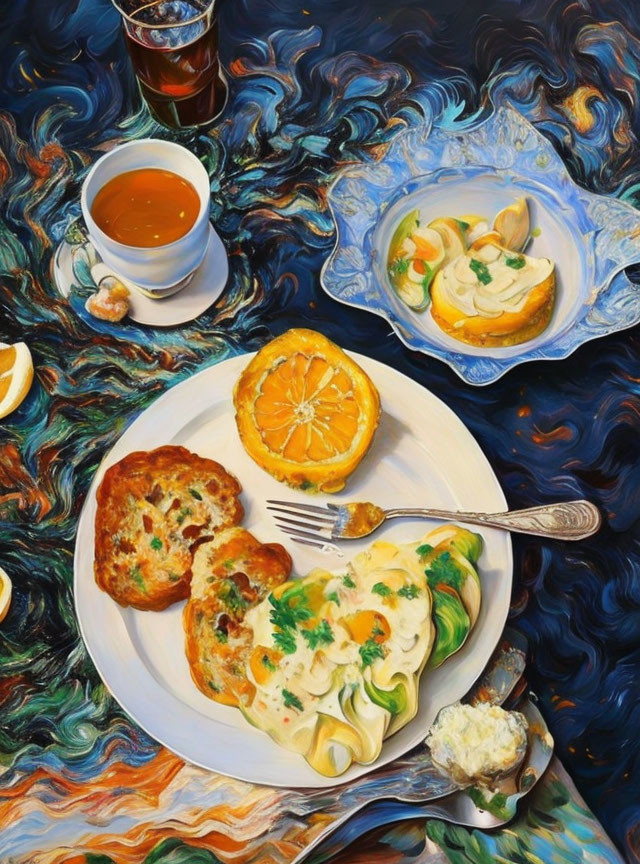 Colorful Still Life Painting of Breakfast Meal with Omelette, Toast, Orange, Tea, and