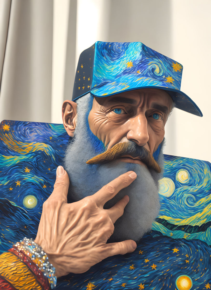 Man with Starry Night Motif Cap and Robe, Bushy Mustache, Peace Sign Hand