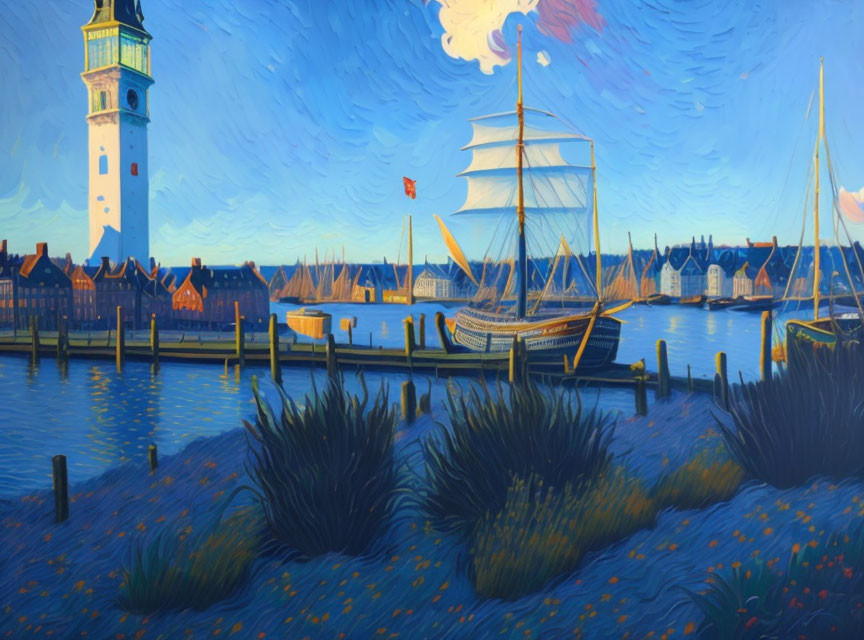 Coastal scene painting with lighthouse, sailboat, and buildings under swirling blue sky