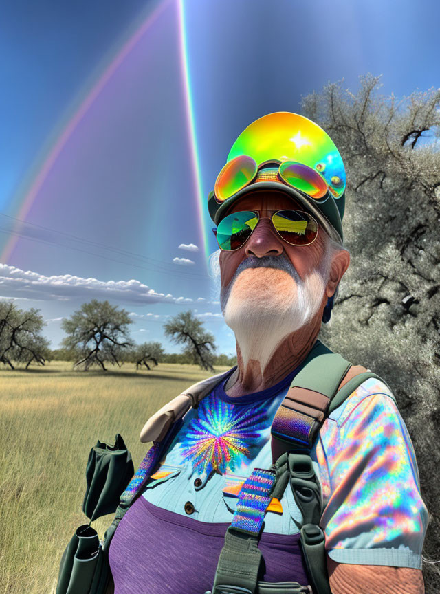 Elderly man with white beard in colorful glasses and star helmet under rainbow