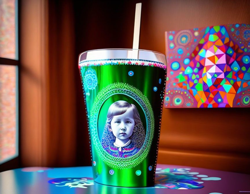 Colorful Cup with Child's Face on Psychedelic Background