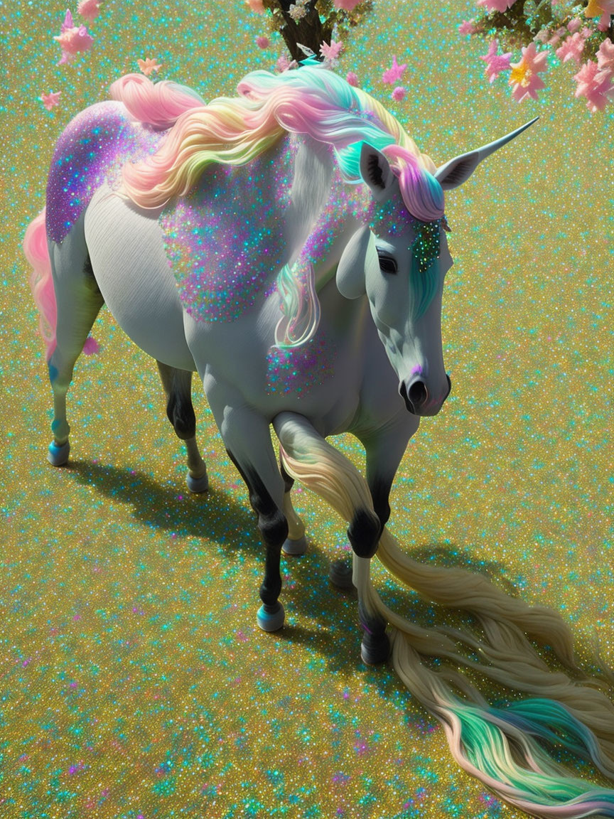 White unicorn with multicolored mane and spiral horn on sparkling ground