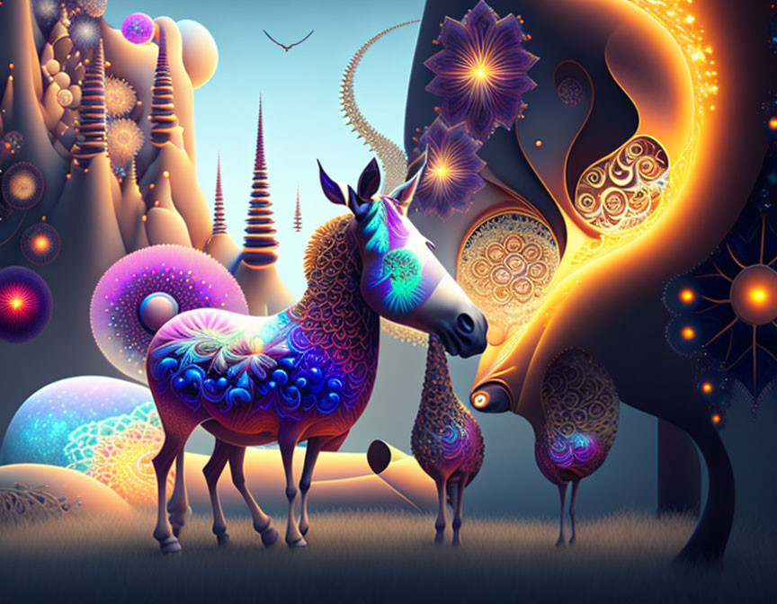 Whimsical digital art: stylized unicorn in fantastical scenery