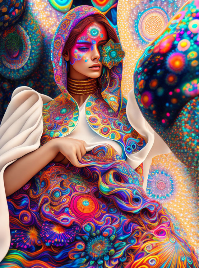 Vibrant woman with psychedelic body art in colorful fractal patterns