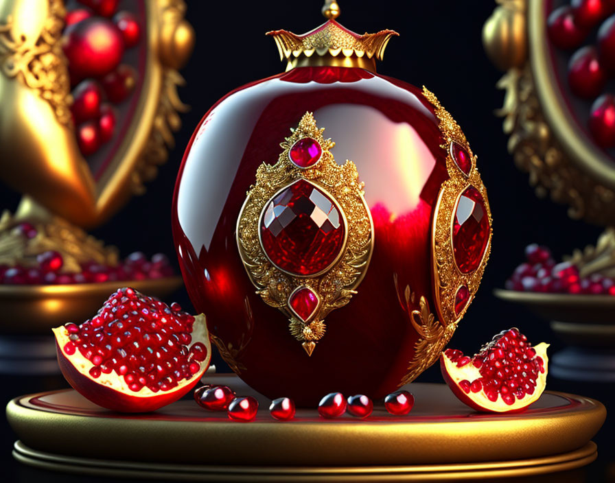 Red and Gold Jeweled Orb with Pomegranate Halves on Reflective Surface