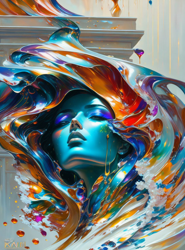 Colorful surreal portrait of a woman with flowing hair in blue, orange, and white.