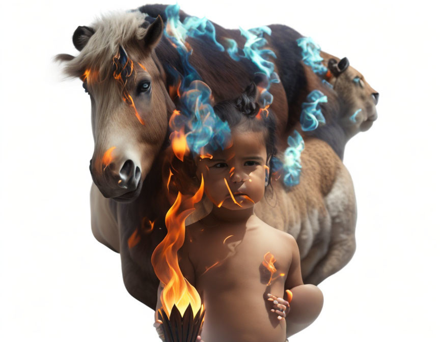 Surreal image: toddler with fiery elements and flaming maned horse on white background