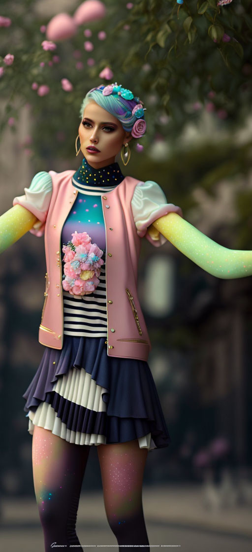 Blue-haired person in pink vest and floral skirt under blossoming tree