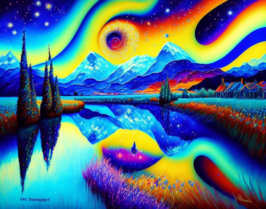 Surreal landscape with swirling skies, stars, and mountains reflected in a still lake