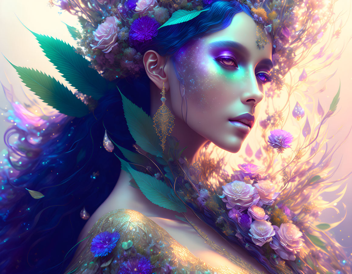 Fantastical portrait of female figure with vibrant flowers and celestial glow