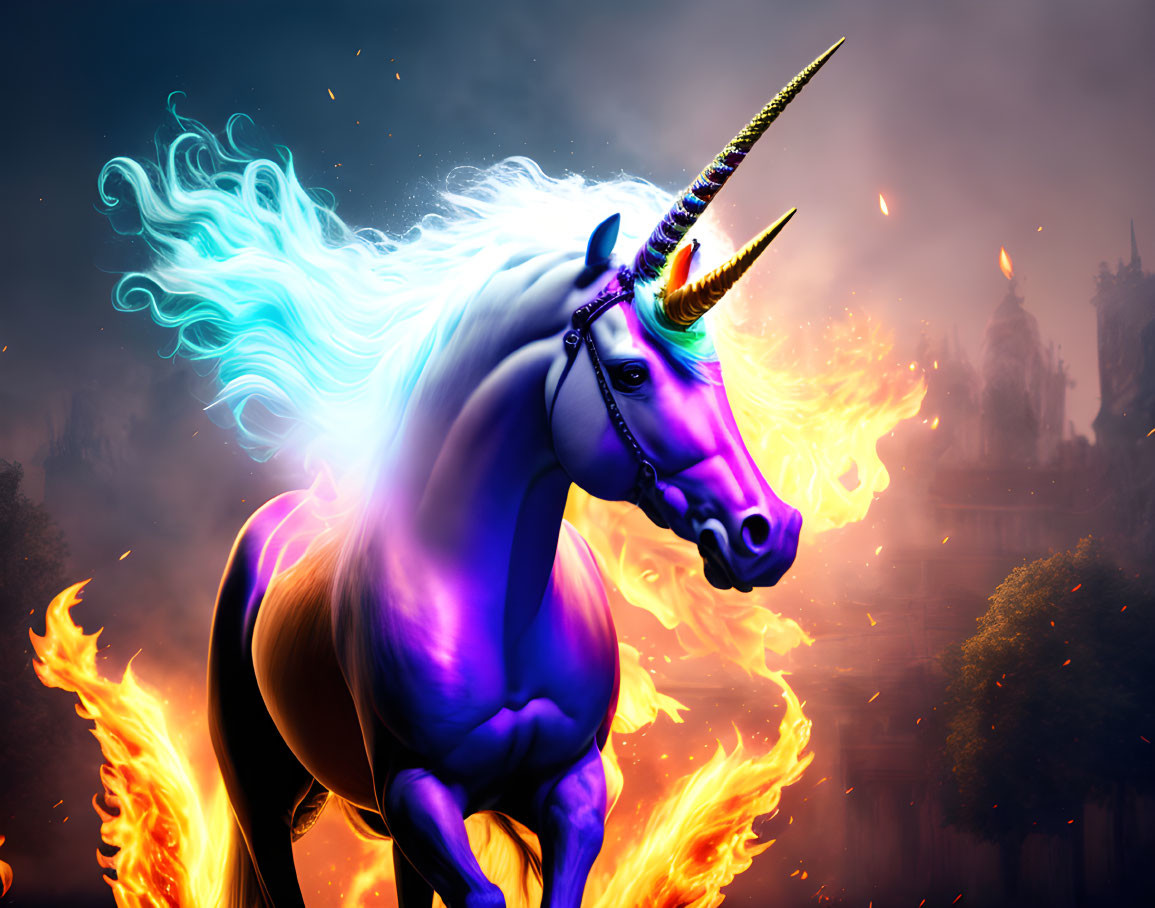 Majestic unicorn with glowing horn and fiery backdrop in mystical castle scene