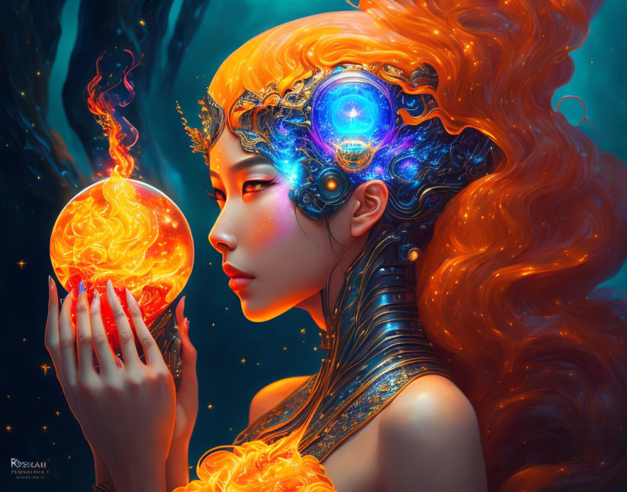 Vibrant red-haired female figure with ornate headdress holding glowing orange orb