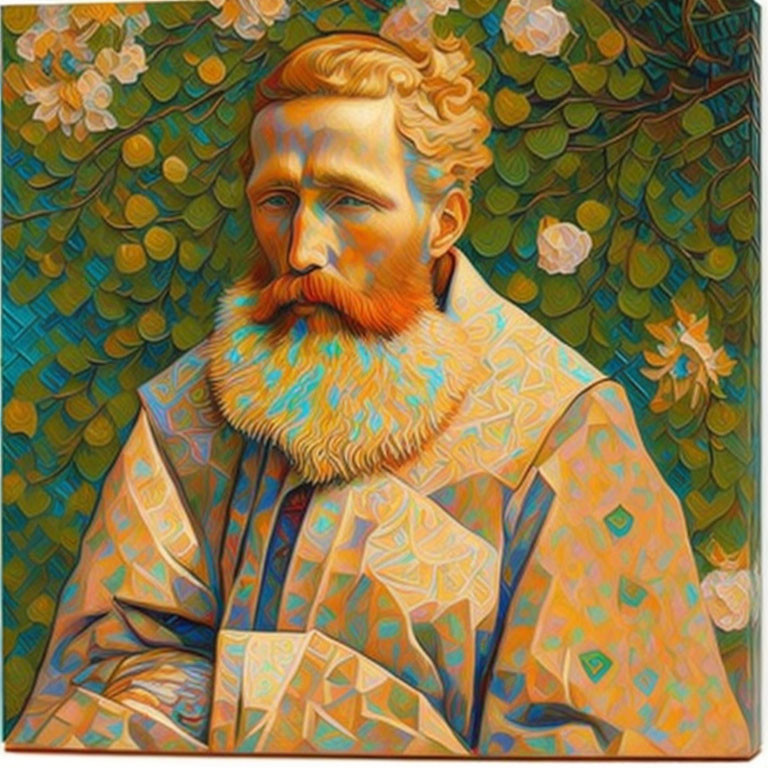 Stylized portrait of bearded man with red hair against floral and geometric backdrop