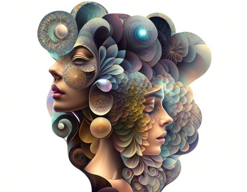 Digital art: Two women with floral & geometric patterns blending in profiles