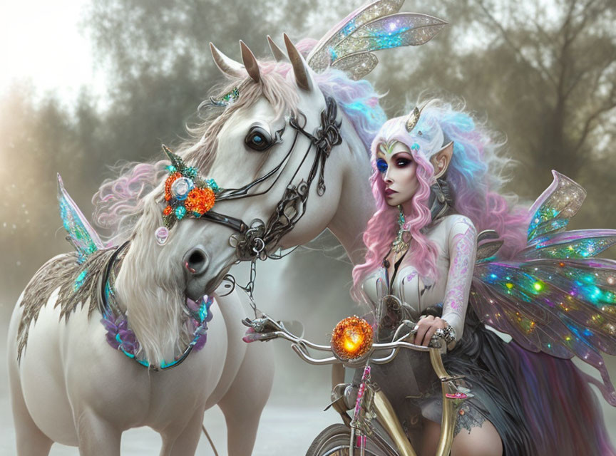 Fantastical image: Winged elf with pastel hair and iridescent wings beside ornately