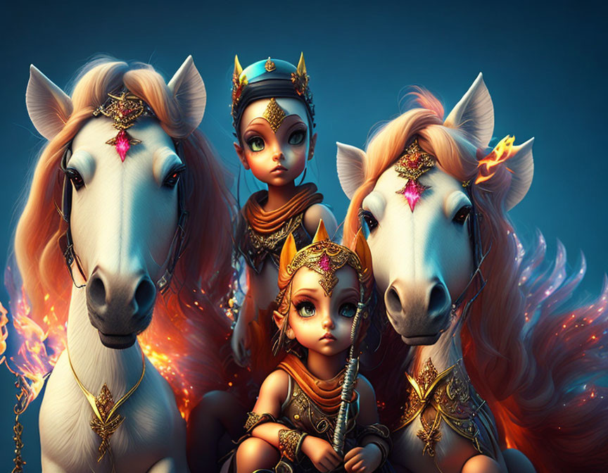 Majestic white horses and golden crown dolls in fiery setting