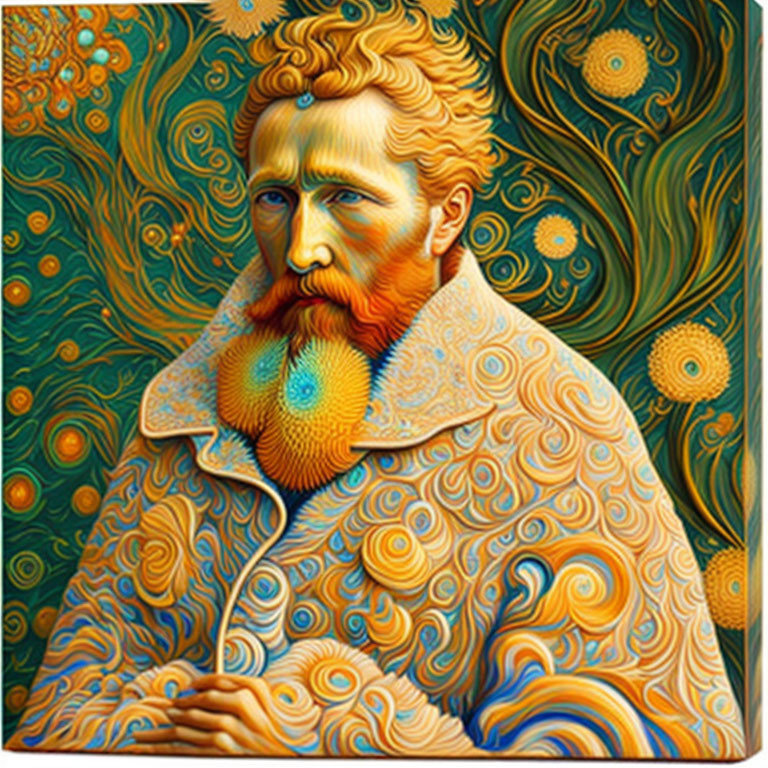 Colorful swirling patterns on bearded man in Van Gogh style