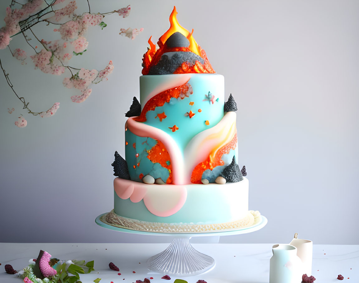 Blue and Peach Marbled Tiered Cake with Flame, Star, and Black Accents on Gray Background